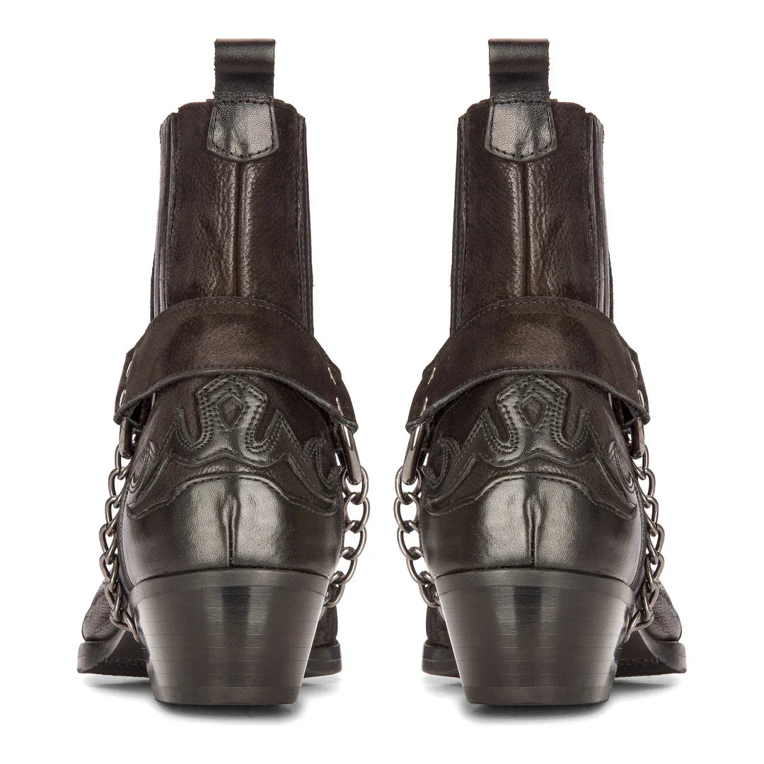 Mens Western Black Cowboy Boots Vintage Pointed Knight Ankle Country Boot Riding Real Leather