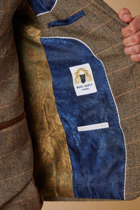 Mens 3 Piece Herringbone Tweed Tan Brown Check Suit Tailored Fit Double Classic