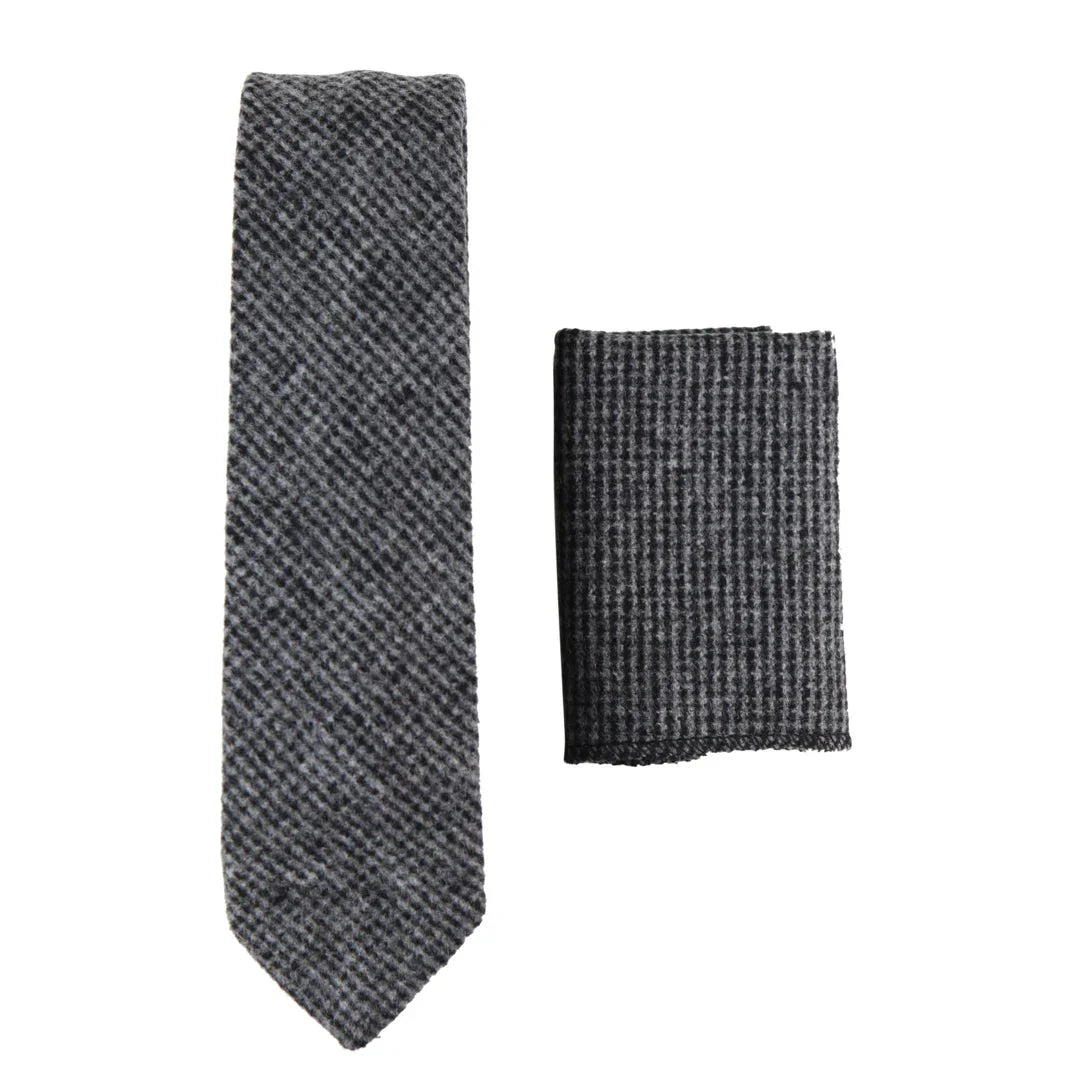 281 - Men's Grey Herringbone Tweed Wool Tie & Handkerchief 2"