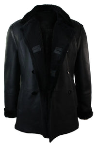 Mens Real Shearling German Navy Sheepskin Double Breasted Jacket Black Fitted