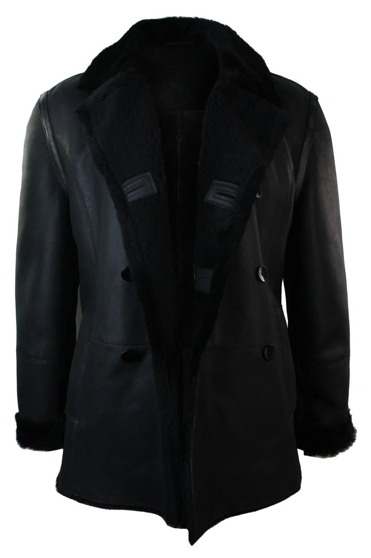 Mens Real Shearling German Navy Sheepskin Double Breasted Jacket Black Fitted