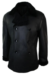 Mens Real Shearling German Navy Sheepskin Double Breasted Jacket Black Fitted