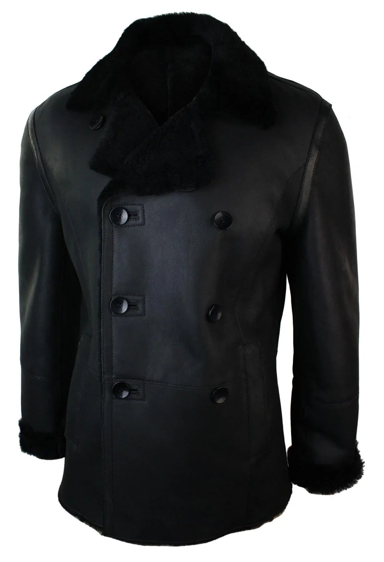 Mens Real Shearling German Navy Sheepskin Double Breasted Jacket Black Fitted