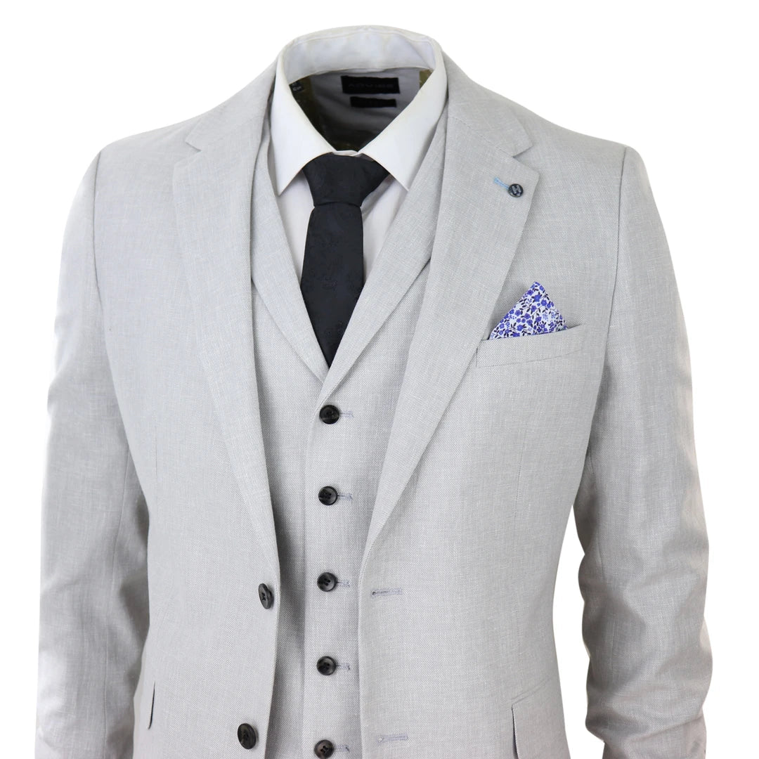 Mens 3 Piece Linen Suit Summer Breathable Wedding Cotton Light Grey