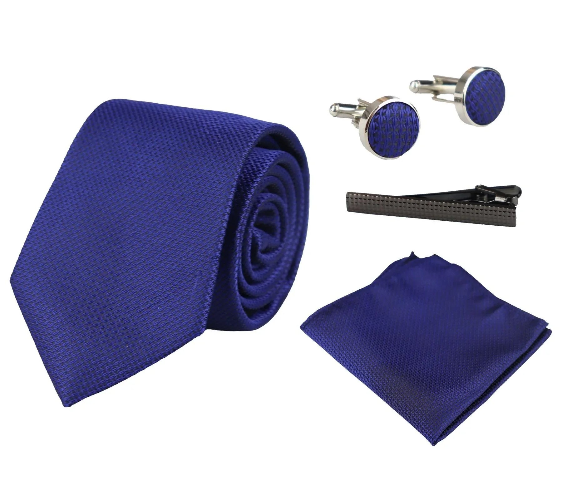 Satin Silk Textured Blue Tie Gift Set Pocket Square Cuff Links Tie Matt Satin