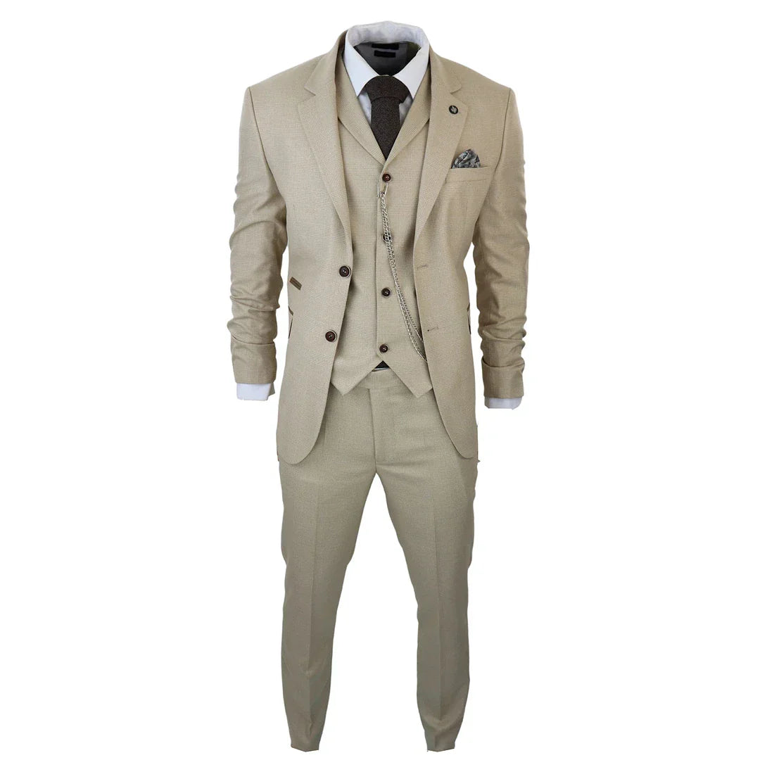 AK-08 Men's 3-Piece Cream Prince Of Wales Check Suit