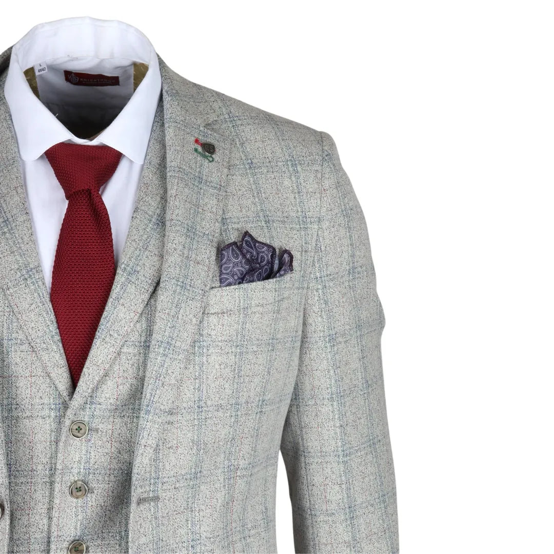 Andrew Men's 3-Piece Grey Checked Slim Fit Suit with Red Accents