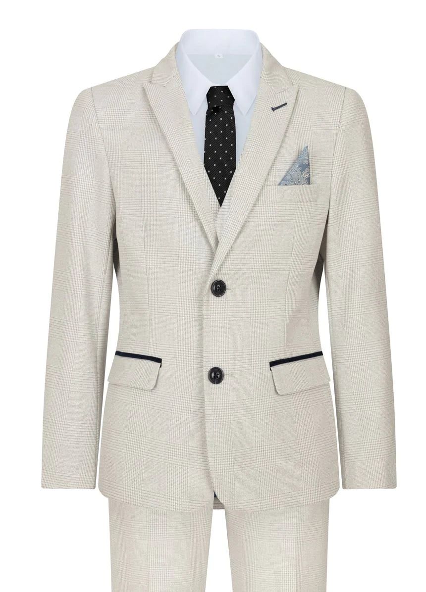Boys 3 Piece Cream Tweed Wedding Party Check Suit Tailored Fit Smart Formal