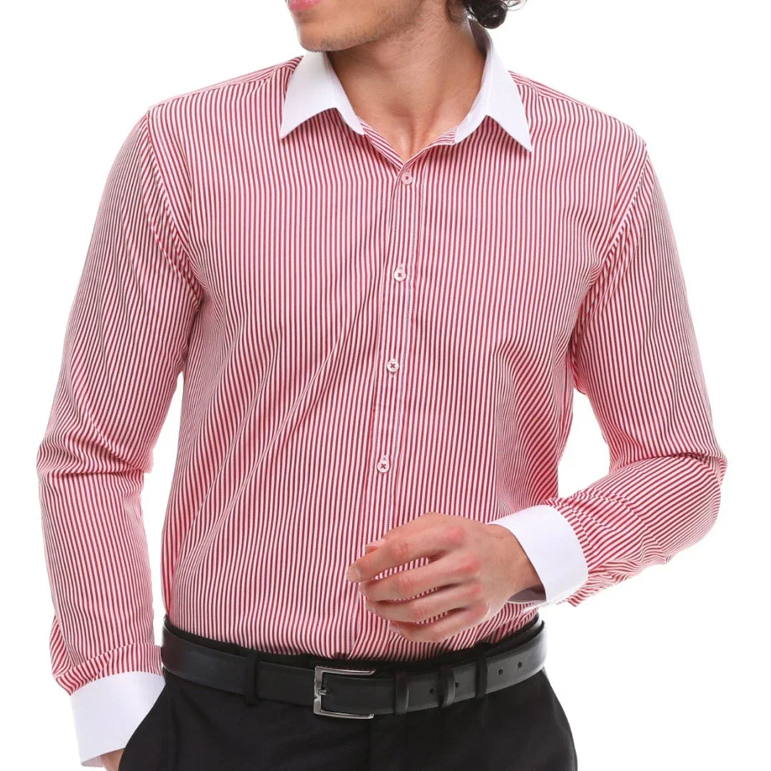 Men's Button Down Stripe Dress Shirt Formal Classic Collar - Red