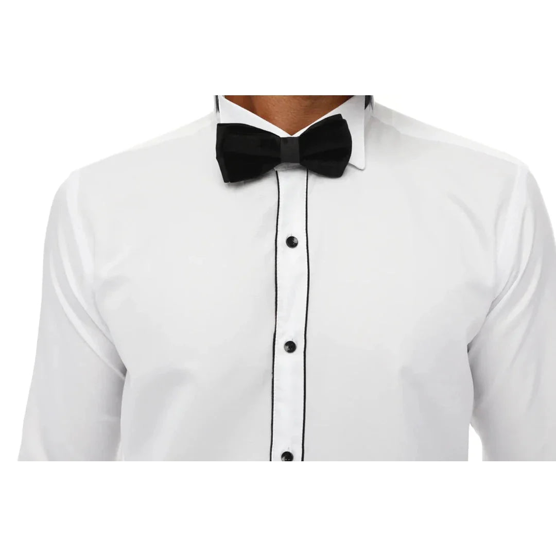 Men's Wing Collar Shirt Tuxedo White Black Piping Double Cuff Dinner Classic