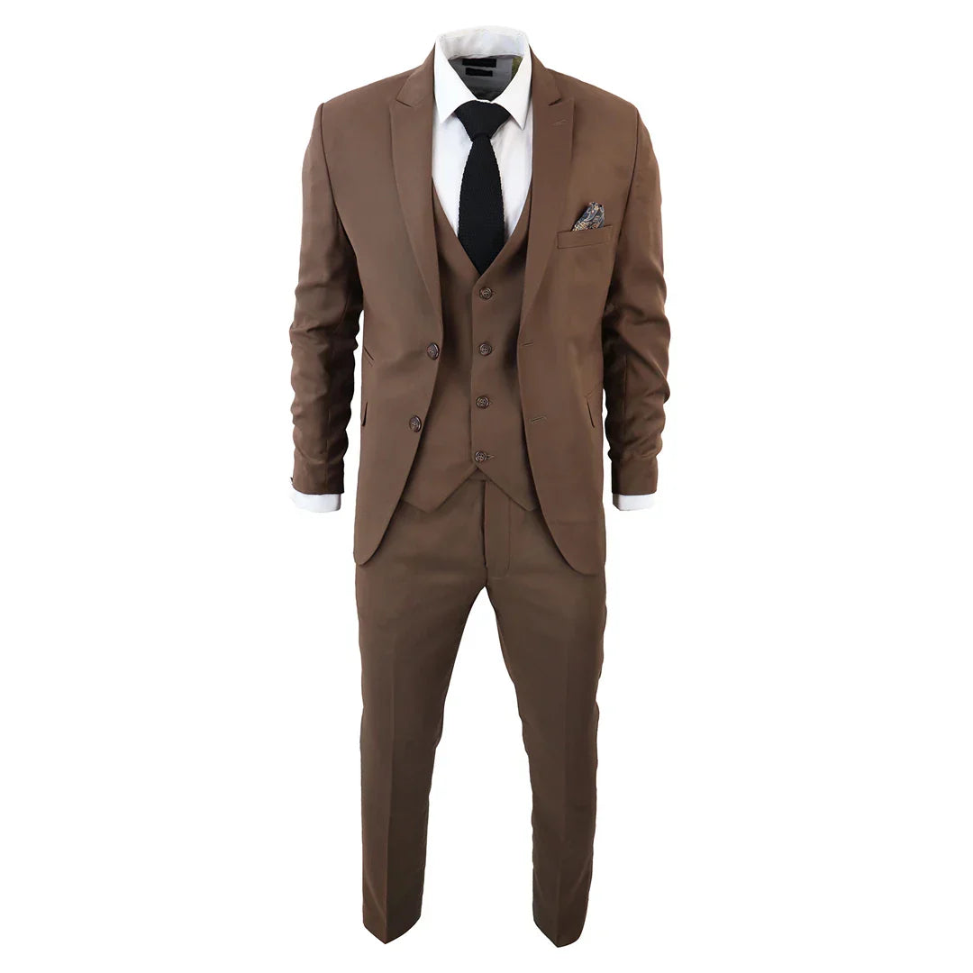 IM1 Men's Classic Brown Plain Tailored Fit 3-Piece Suit