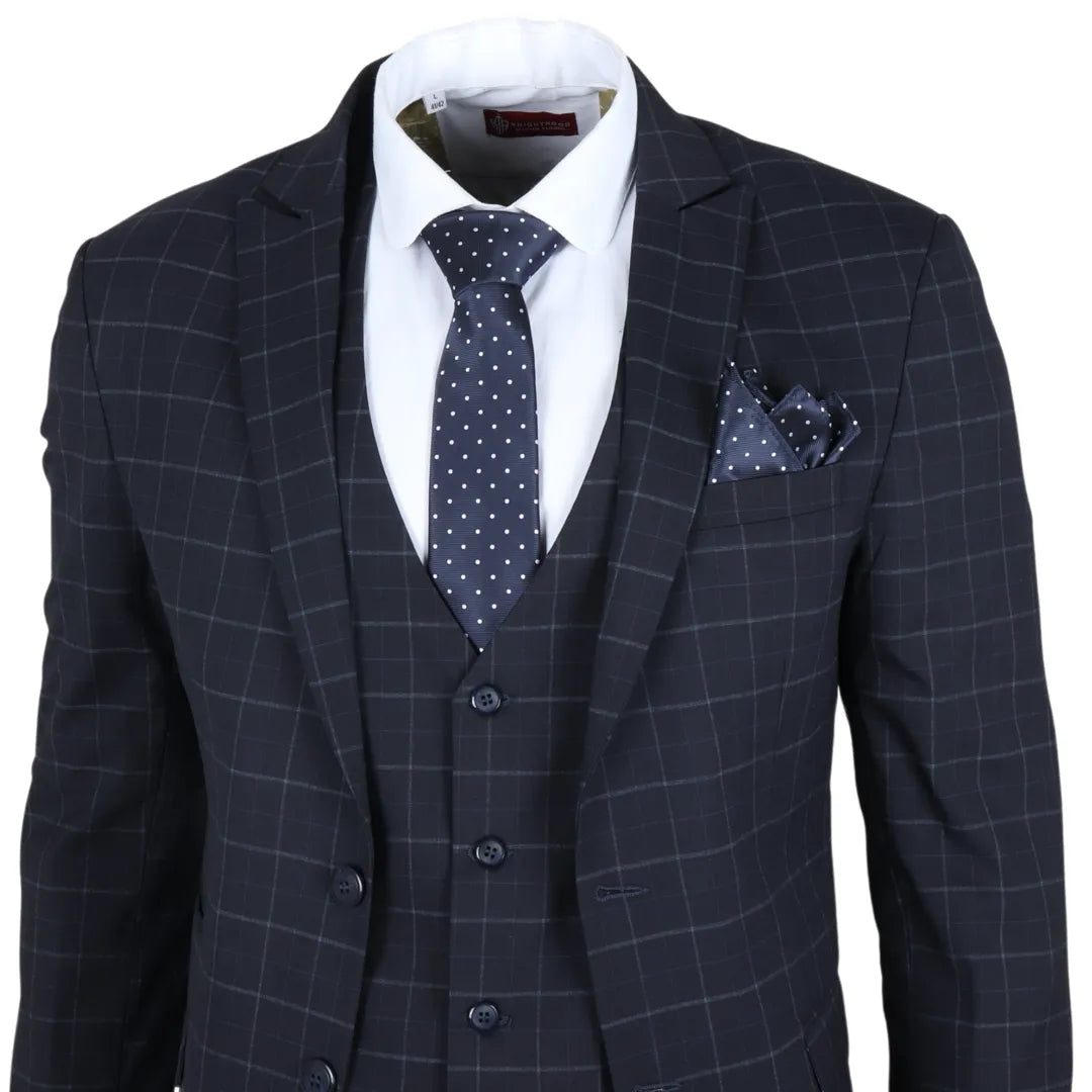 IM3 Men's Navy Checked Tailored Fit 3-Piece Suit