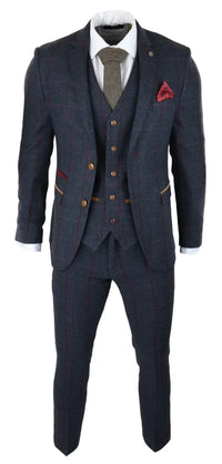 Mens Herringbone Tweed 3 Piece Navy Red Check Suit Vintage 1920s Tailored Fit