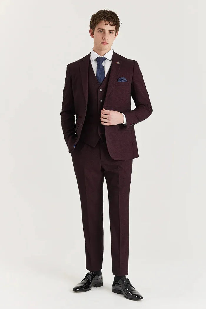 Regent - Men's Wine 3 Piece Prince Of Wales Checked Suit