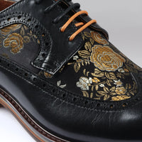 Ross - Men's Floral Print Leather Black Brogue Shoes