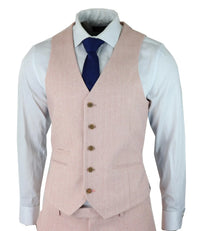 Mens Herringbone Tweed 3 Piece Suit Pink Blush Retro Vintage Short Reg Long