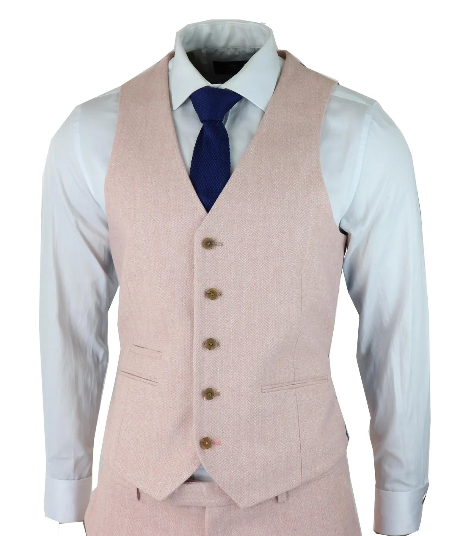 Mens Herringbone Tweed 3 Piece Suit Pink Blush Retro Vintage Short Reg Long