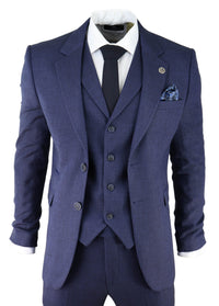 Men's Navy-Blue Herringbone Tweed 3 Piece Suit