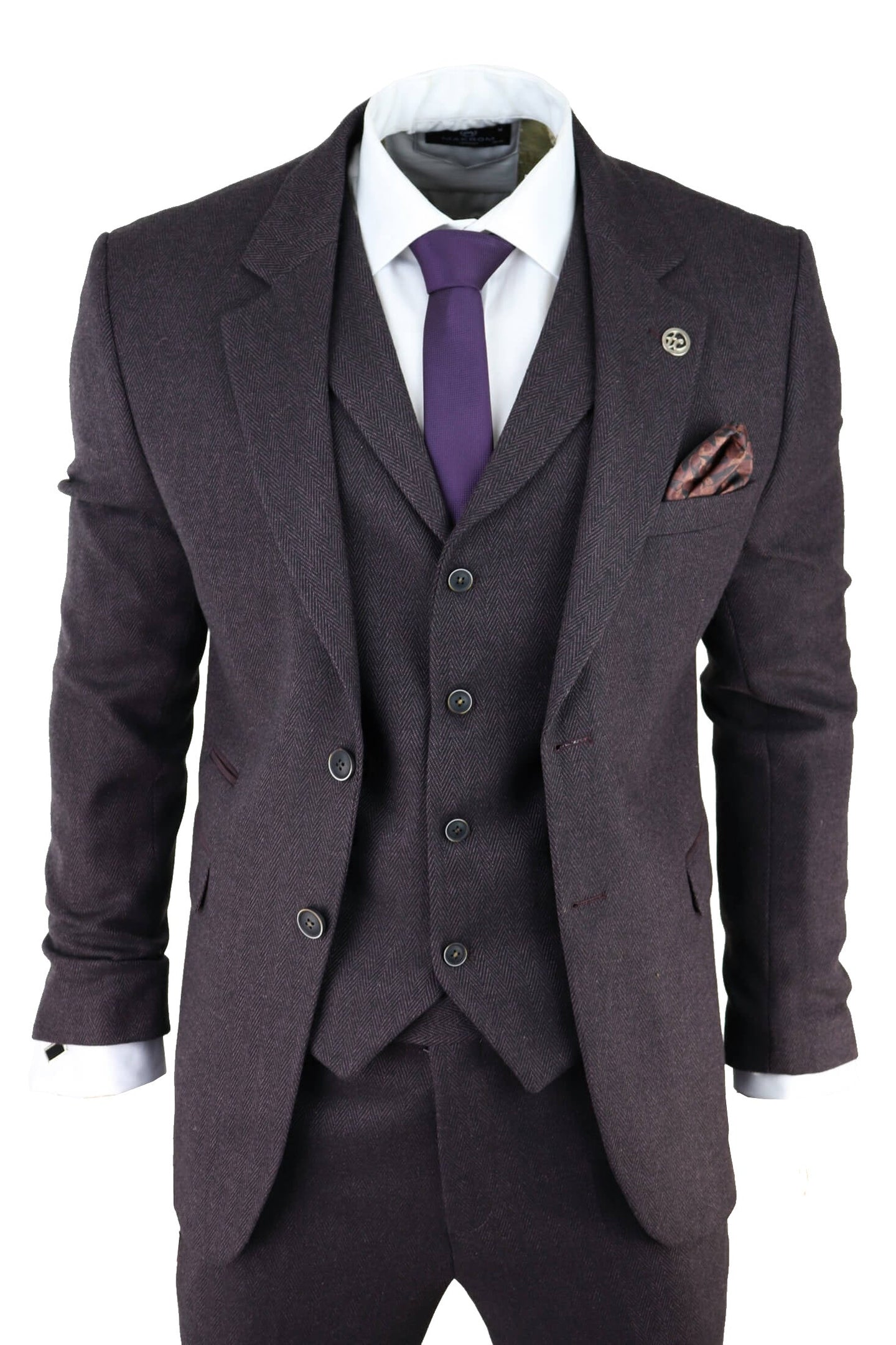 Men's Plum Herringbone Tweed 3 Piece Suit