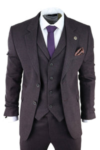 Men's Plum Herringbone Tweed 3 Piece Suit