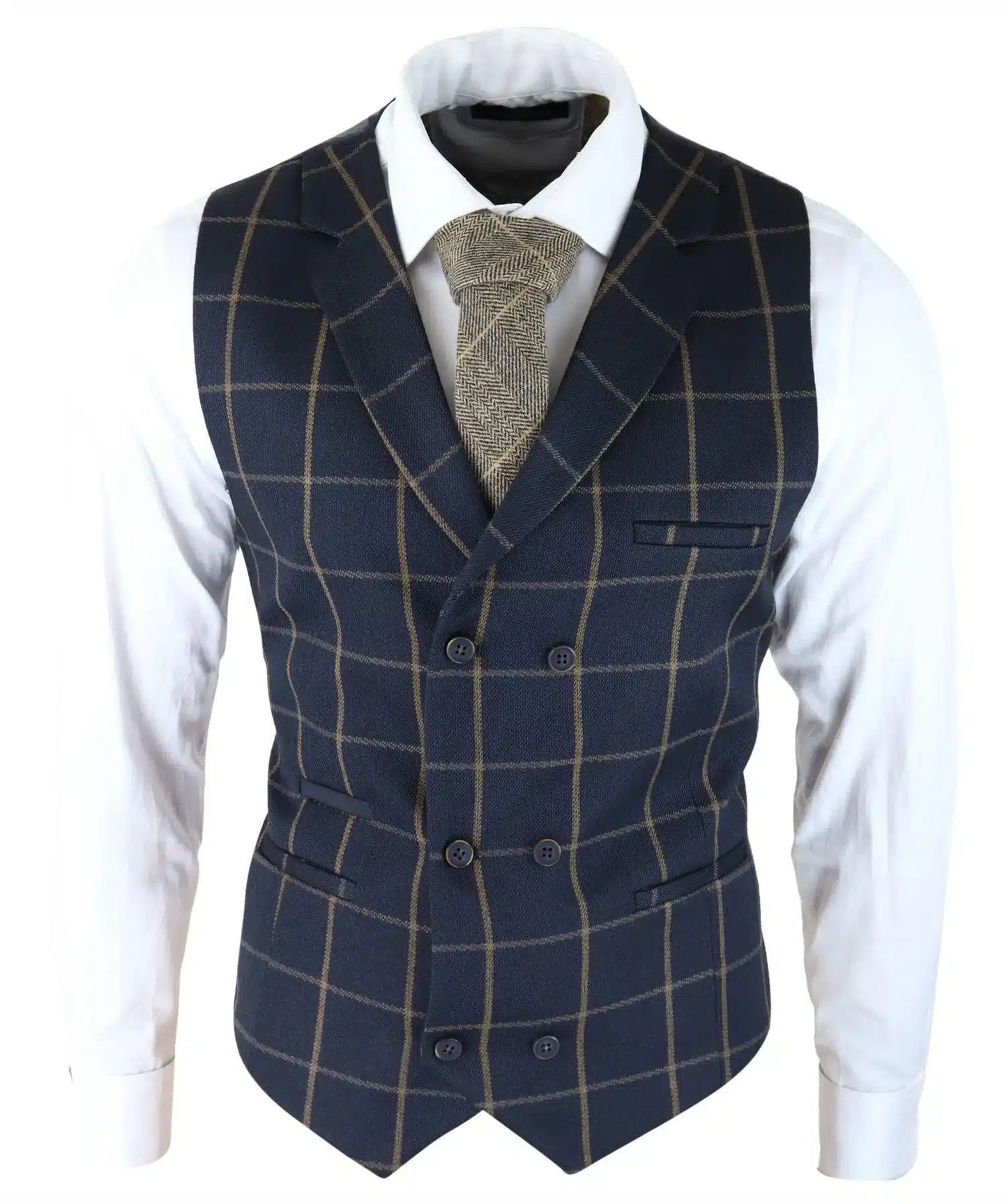 Mens Classic Waistcoat Prince Of Wales Check Navy Slim Fit Vintage Wedding