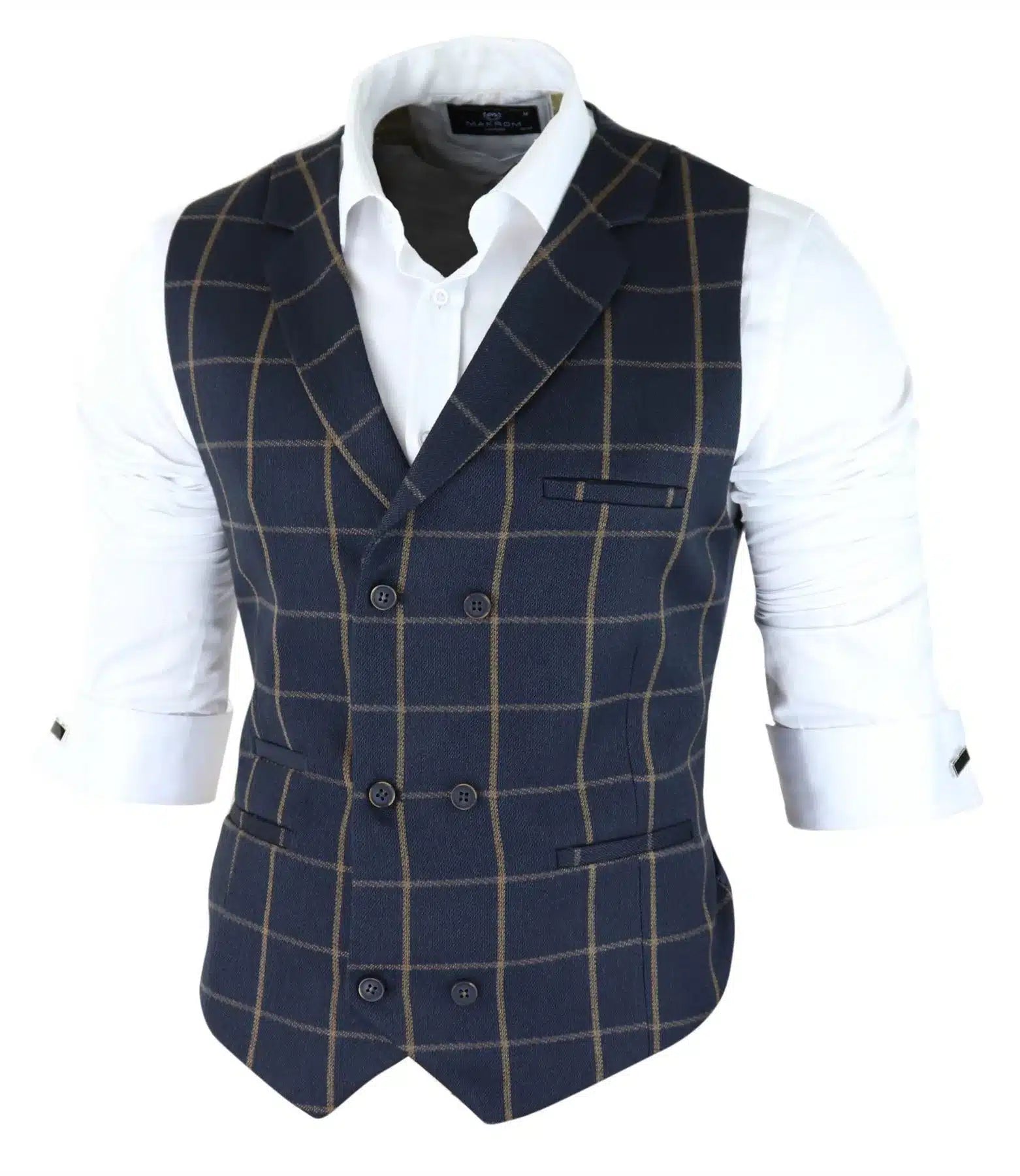 Mens Classic Waistcoat Prince Of Wales Check Navy Slim Fit Vintage Wedding