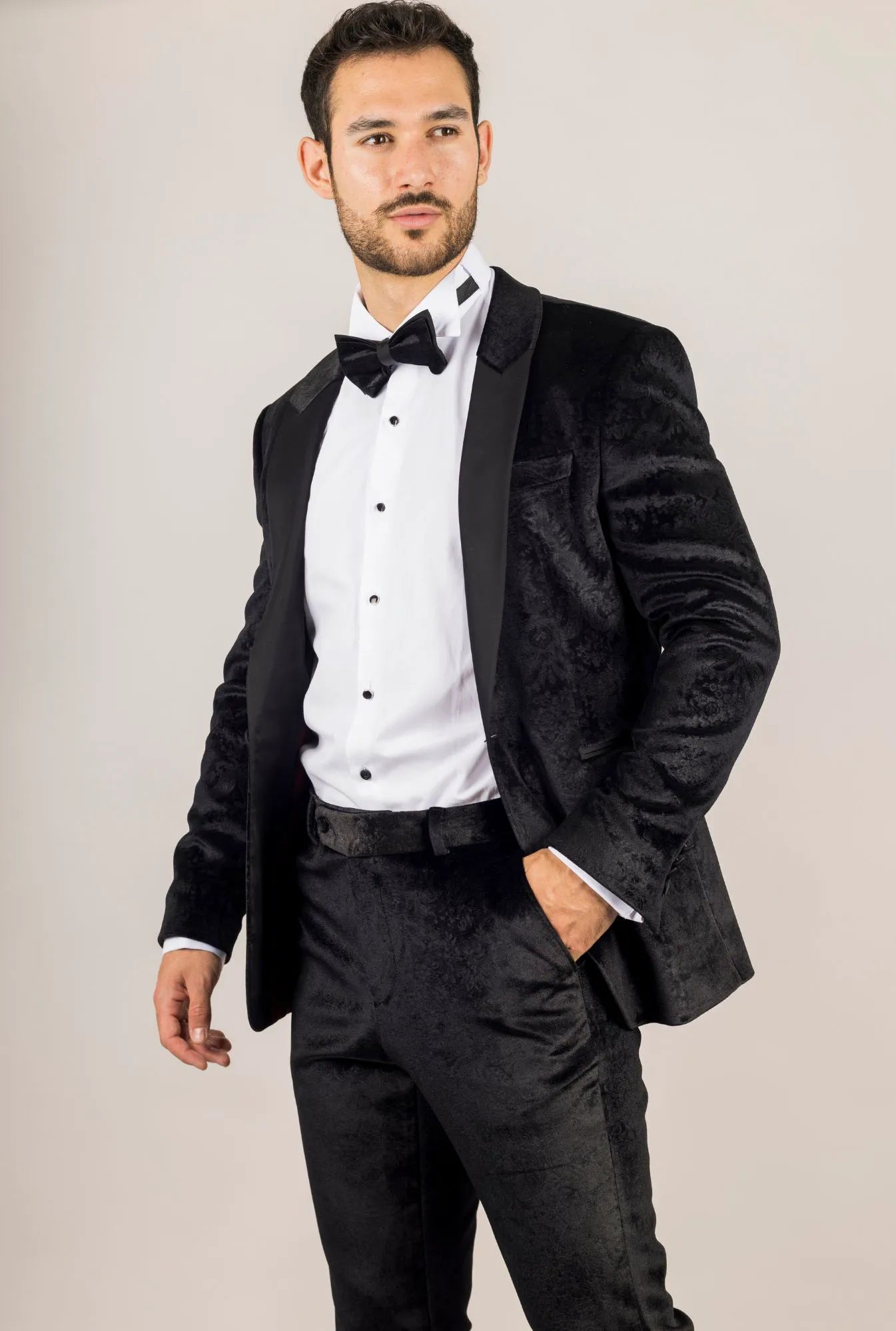 AK-26 Men's Black 3-Piece Velvet Wedding Tuxedo with Satin Lapels
