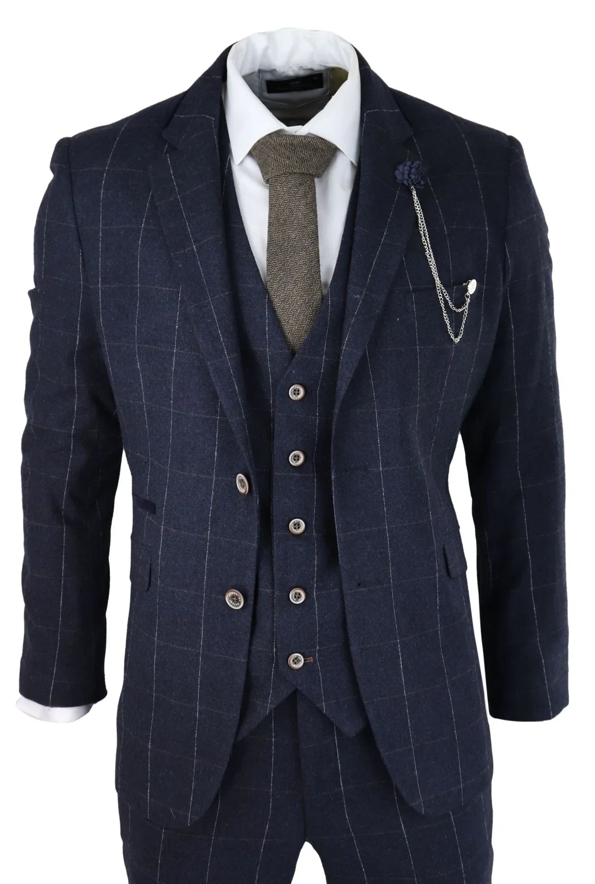 Mens Navy Check 3 Piece Suit Wool Tweed Classic 1920s Vintage Tailored Fit Wedding