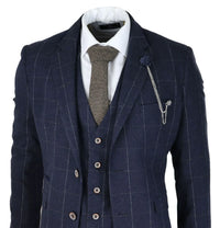 Mens Navy Check 3 Piece Suit Wool Tweed Classic 1920s Vintage Tailored Fit Wedding