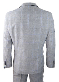 Mens 3 Piece Summer Suit Grey Check Blue Black Tailored Fit Classic Wedding Formal