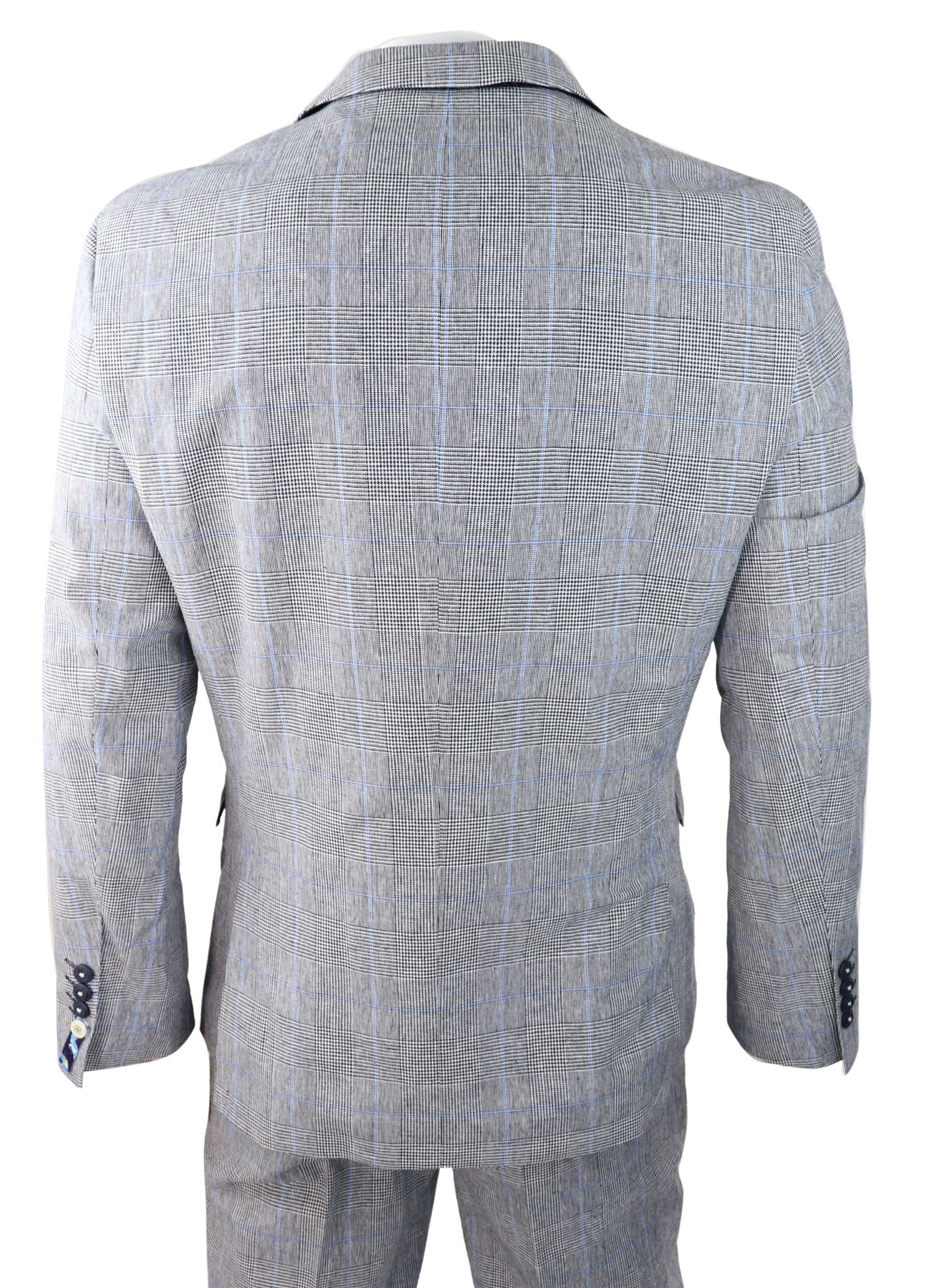 Mens 3 Piece Summer Suit Grey Check Blue Black Tailored Fit Classic Wedding Formal