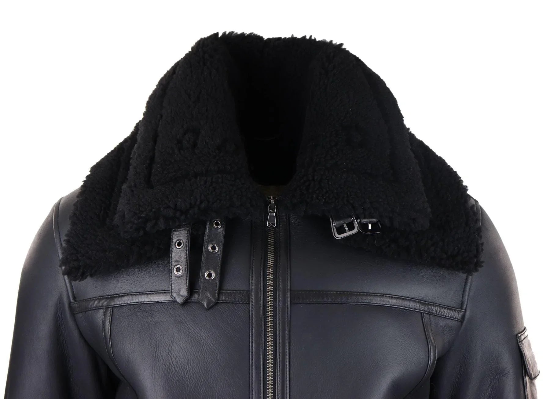 Mens Shearling Sheepskin Coat Zipped Flying Jacket Black Winter Warm Fur