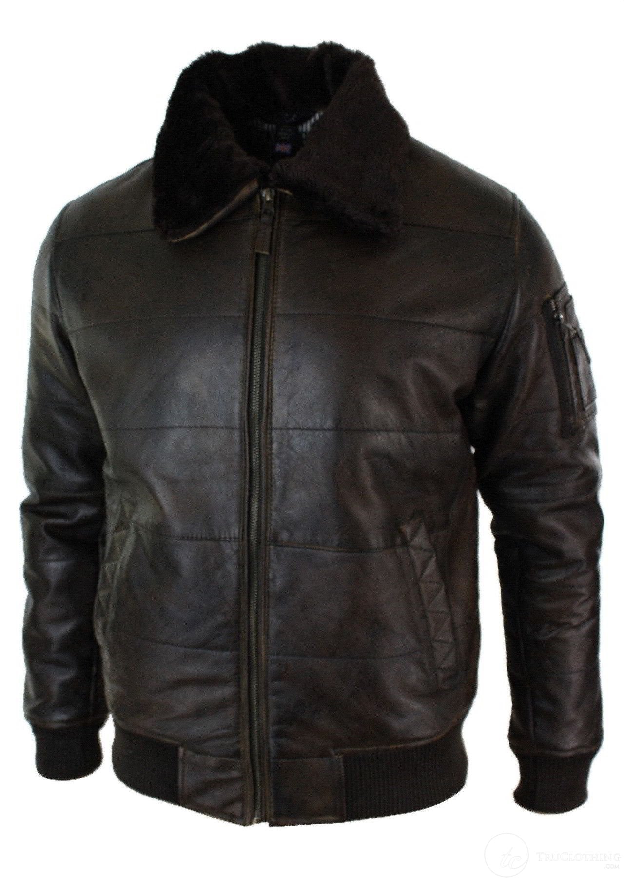 Mens Puffer Quilted Real Leather Pilot Fur Collar Bomber Jacket Black Vintage Brown-Brown