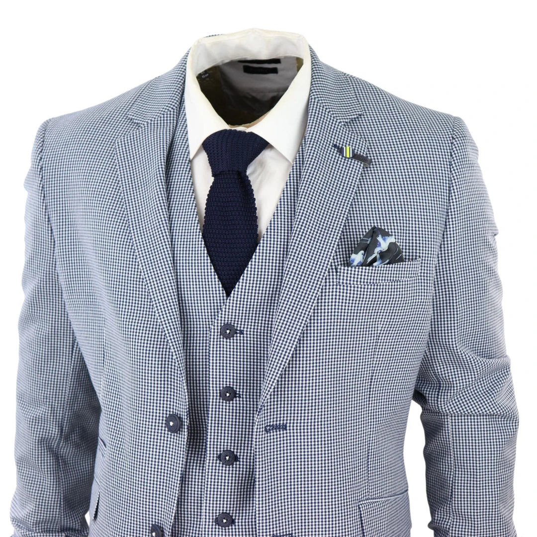 Baresi Men's 3-Piece Grey and Navy Contrasting Classic Summer Check Suit