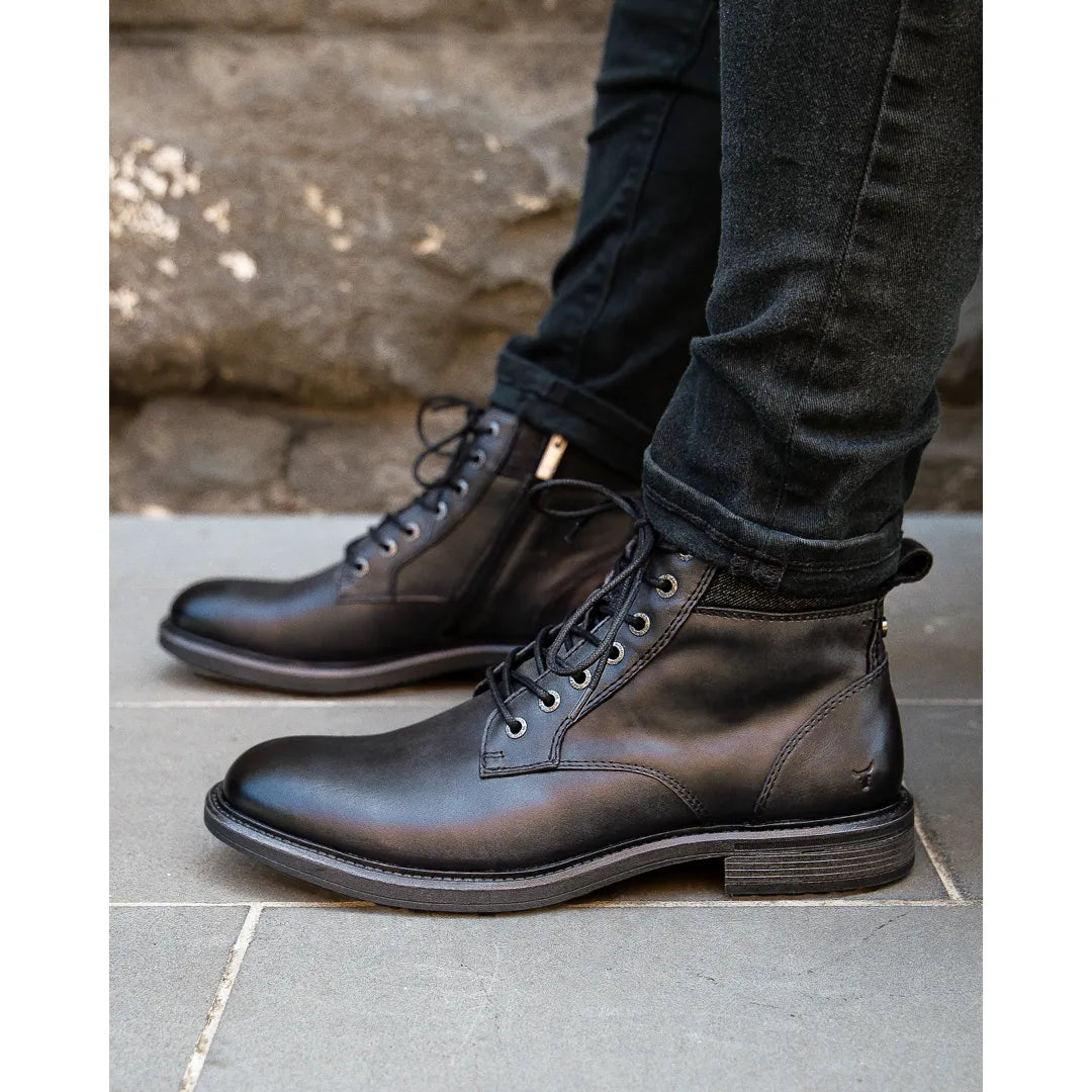 Beau - Men's Black Lace Up Side Zip Leather Chelsea Boots