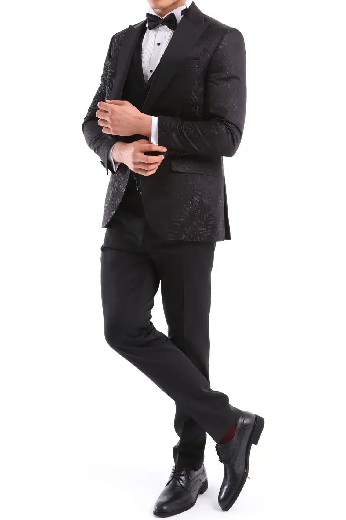 Mens 3 Piece Black Tuxedo Formal Wedding Prom Party Satin Bow Tie Dinner Suit