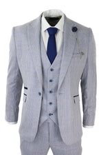 Mens 3 Piece Check Suit Tweed Light Blue Tailored Fit Wedding Peaky Classic