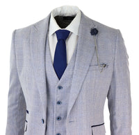 Mens 3 Piece Check Suit Tweed Light Blue Tailored Fit Wedding Peaky Classic