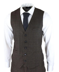 Mens 3 Piece Check Suit Tweed Black Brown Tailored Fit Wedding Peaky Classic