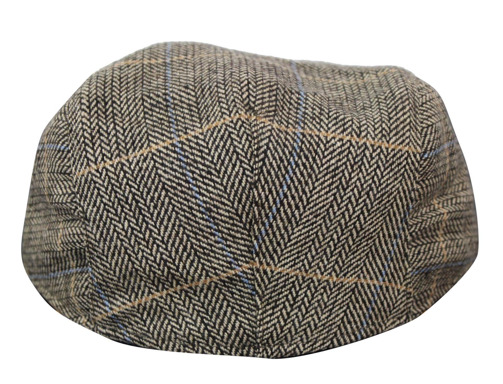 Cavani Albert Mens Tweed Flat Cap - Herringbone Tweed Wool Grandad Flat Hats Vintage - Tan Brown/Charcoal Grey