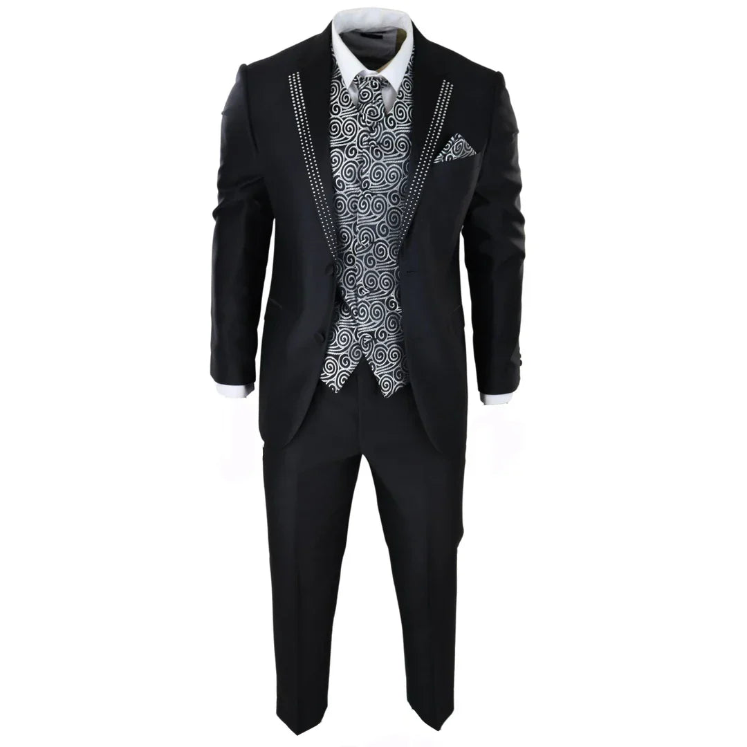 Men's Black 3-Piece Wedding Suit with Silver Cravat and Embellished Waistcoat