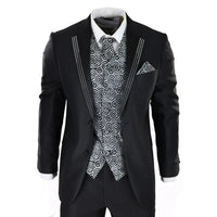 Men's Black 3-Piece Wedding Suit with Silver Cravat and Embellished Waistcoat
