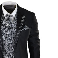 Men's Black 3-Piece Wedding Suit with Silver Cravat and Embellished Waistcoat