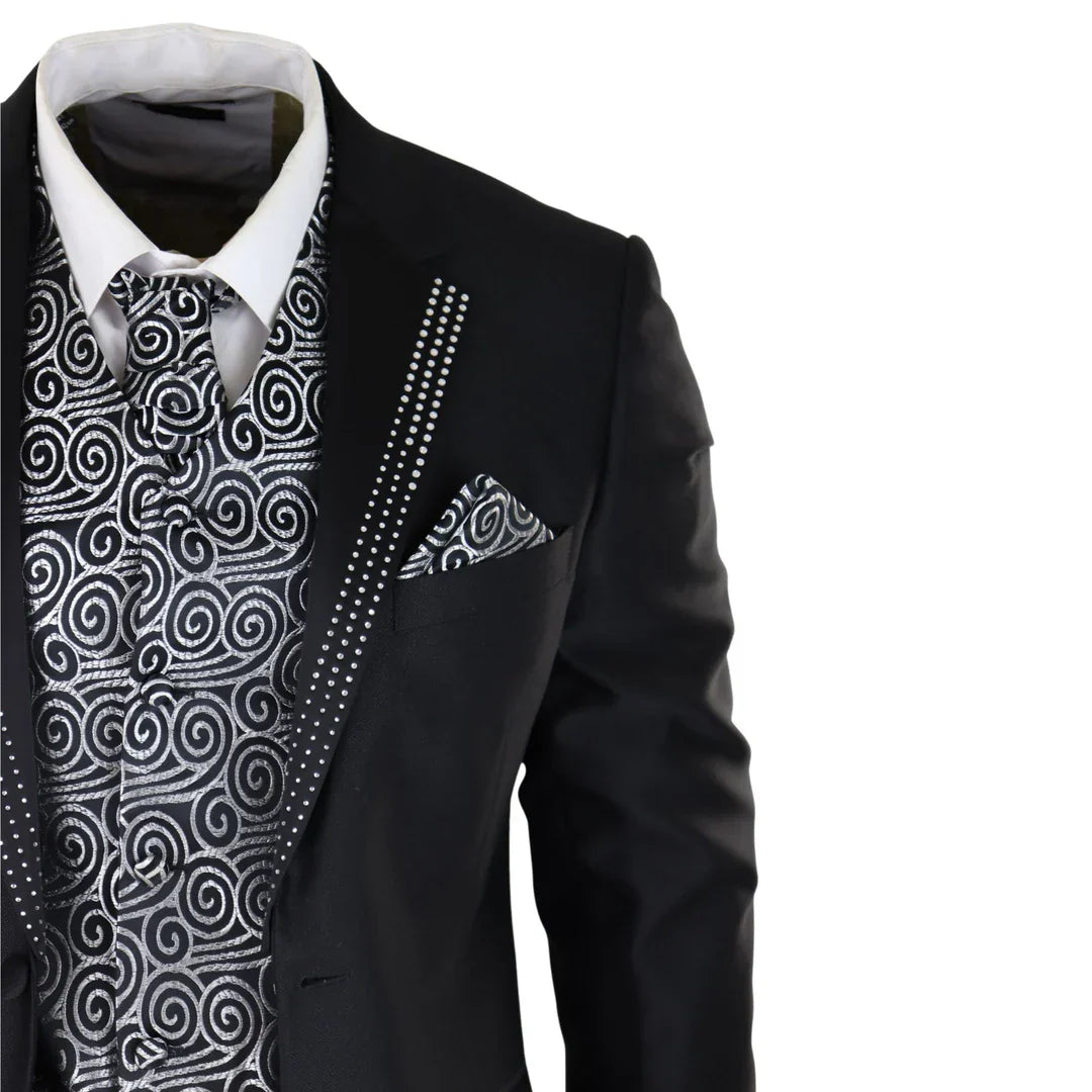 Men's Black 3-Piece Wedding Suit with Silver Cravat and Embellished Waistcoat