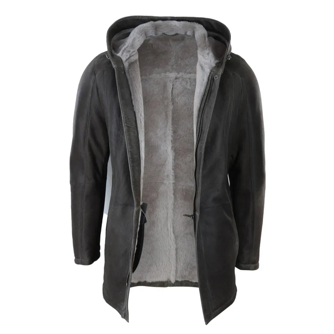 Men's 3/4 Brown Soft Sheepskin Hood Jacket 3/4 Coat Classic Warm Winter