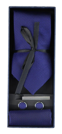 Satin Silk Textured Blue Tie Gift Set Pocket Square Cuff Links Tie Matt Satin