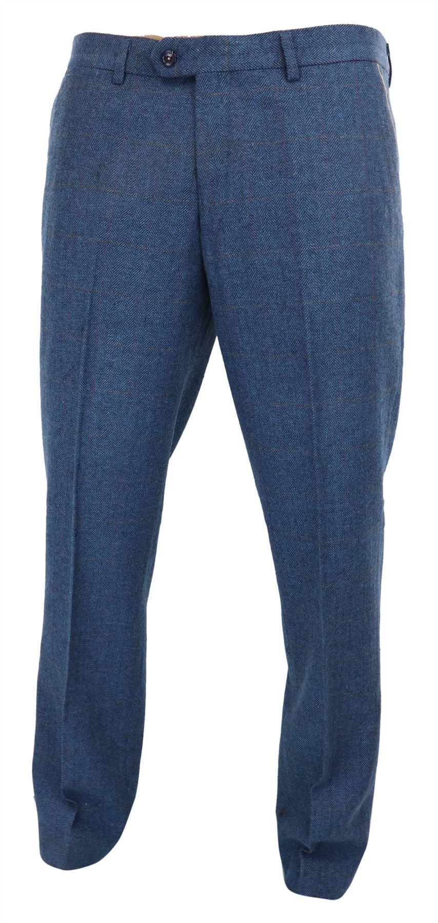 Dion - Men's Blue Herringbone Tweed Check Trousers