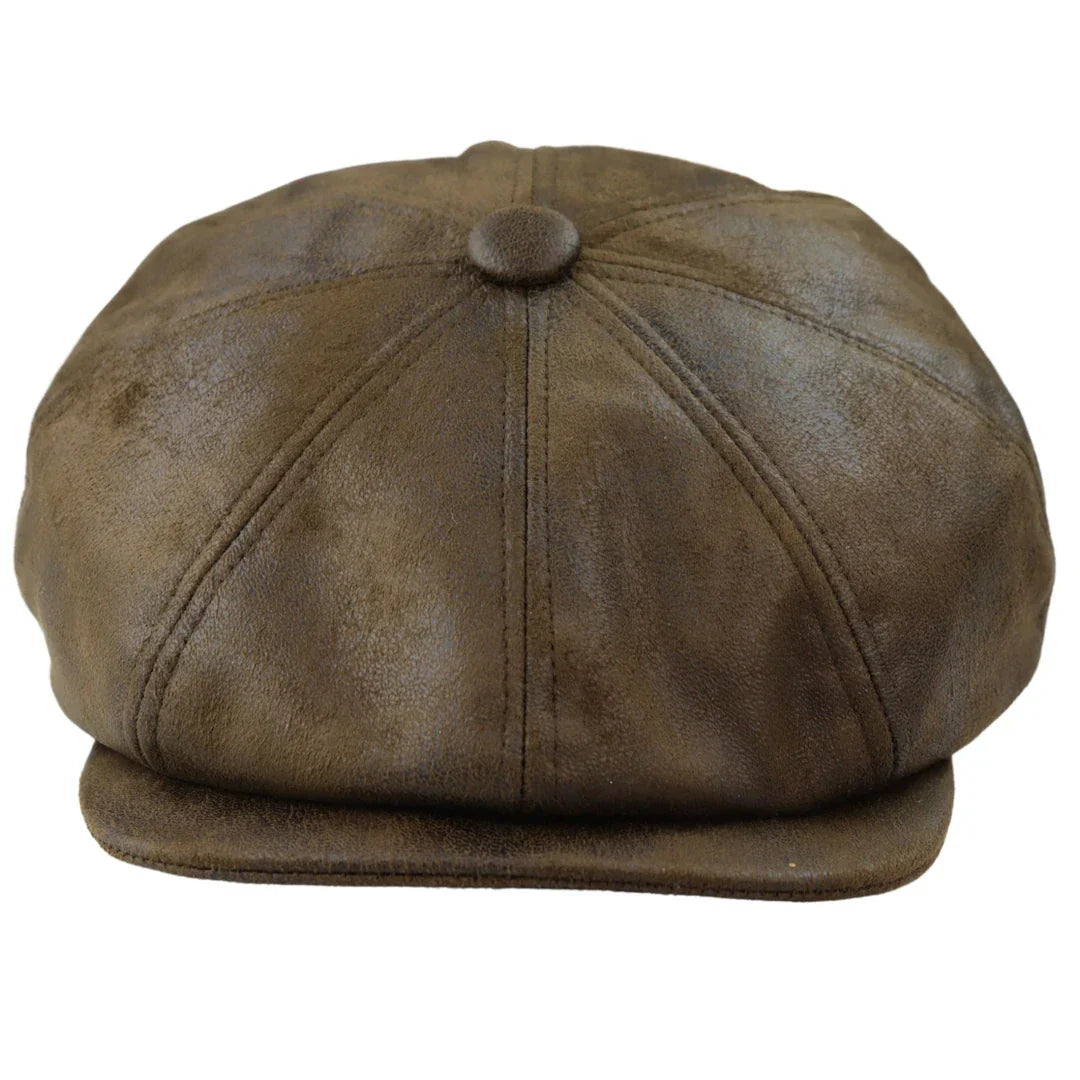 Men's 8 Panel Razor Baker Boy Hat PU Leather Blinders Newsboy Flat Cap Brown