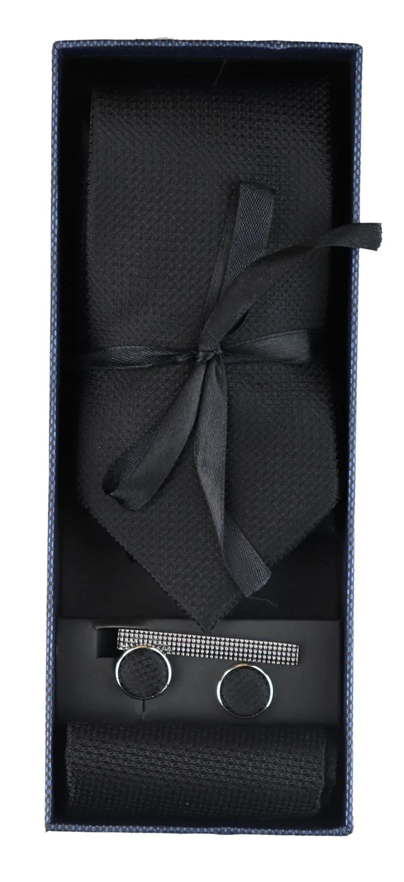 Satin Silk Textured Black Tie Gift Set Pocket Square Cuff Links Tie Matt Satin
