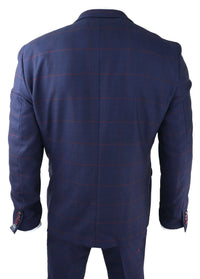 Mens Navy Check 3 Piece Suit Red Edinson Marc Darcy Classic Vintage Wedding